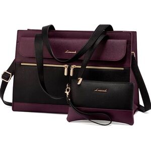 Elegant Black and Burgundy Women's Laptop Bag - Lovevook w/ wristlet